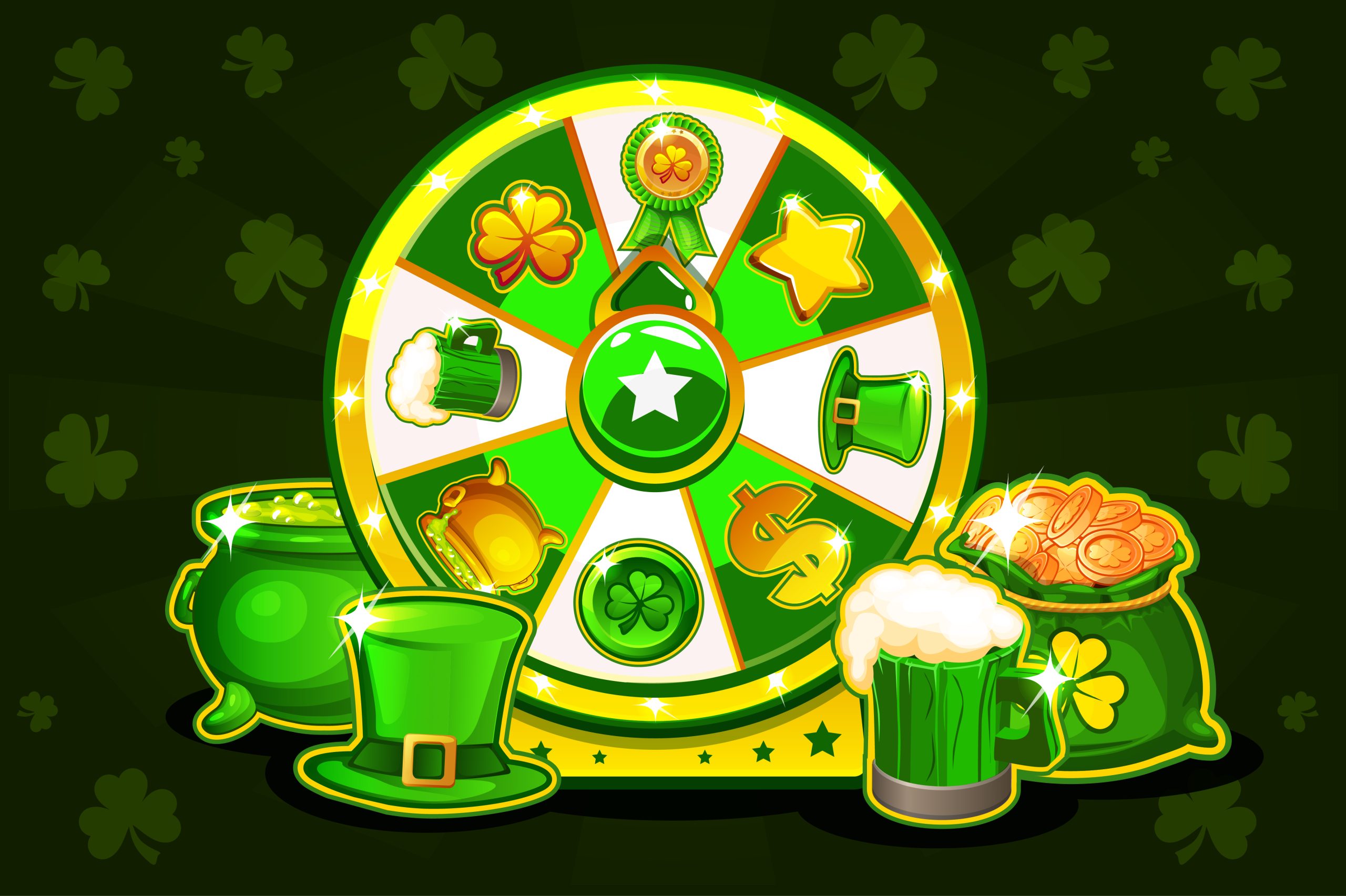 Cartoon Patrick s lucky roulette, spinning fortune wheel. Holiday icons, vector illustration. Game assets, GUI active